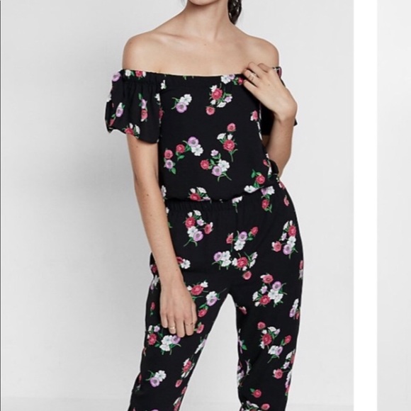 Express off the shoulder black floral lined jumpsuit elastic waist NEW - Picture 4 of 14